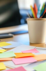 Fototapeta premium Colorful sticky notes scattered on a desk with office supplies in the background.