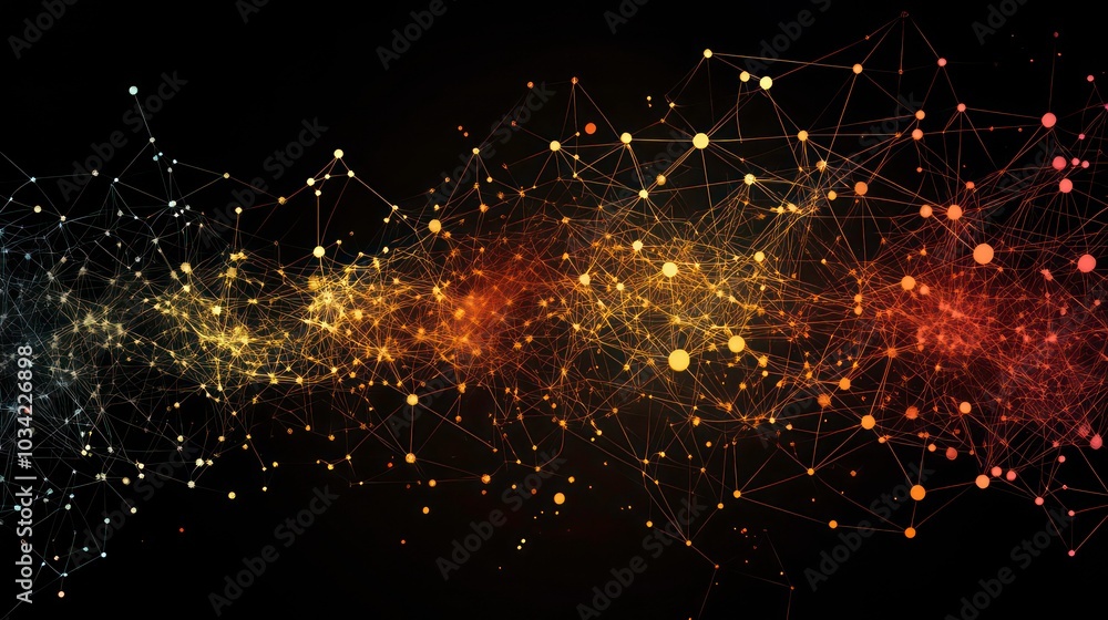 Poster abstract colorful glowing lines and dots pattern on a dark background.