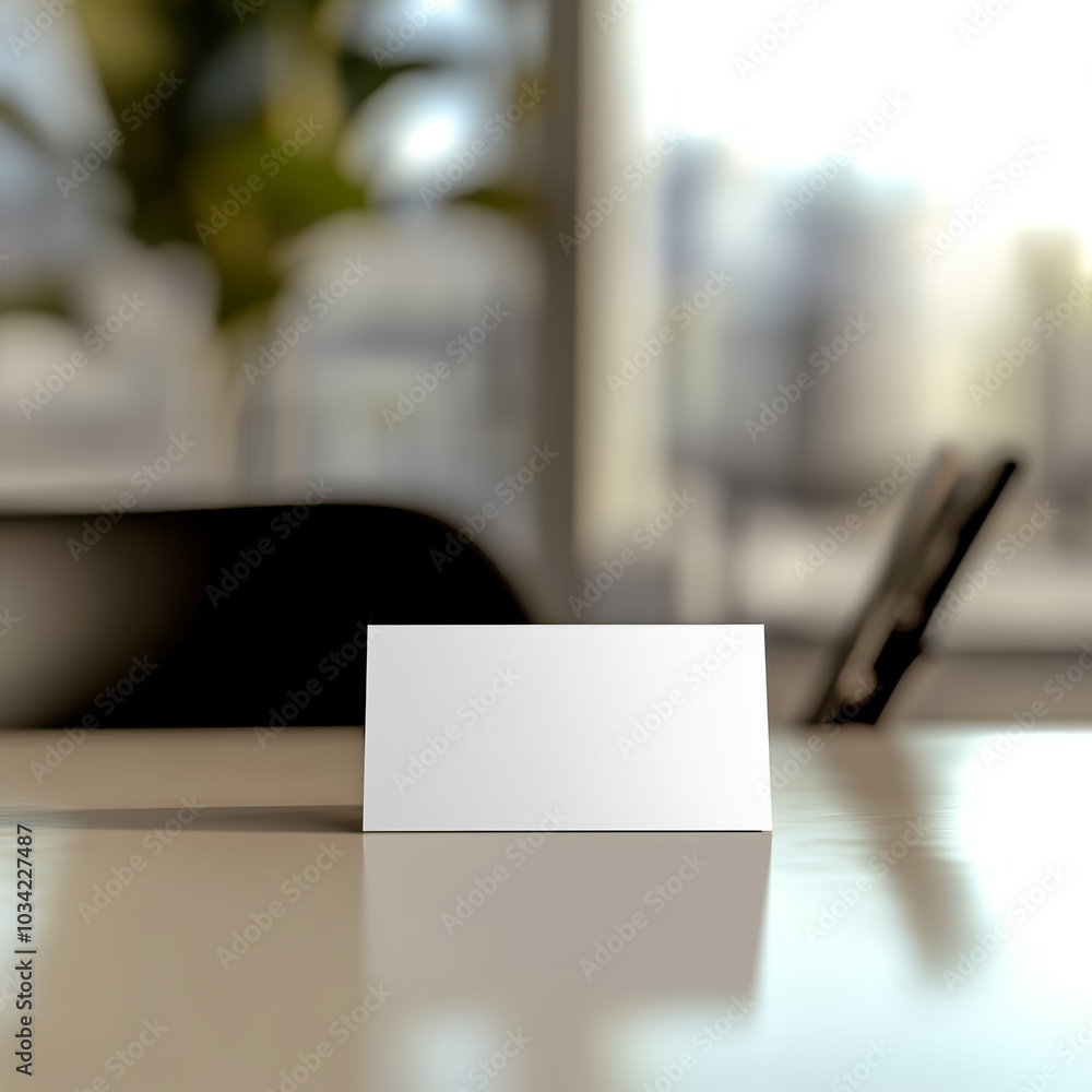 Poster minimalistic workspace with a blank card on a table, soft focus background.