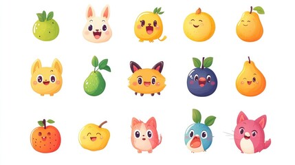 Fototapeta premium A vector set of cartoon character stickers, including adorable pets, fruits, and emojis, set against a clean white background for a whimsical touch.