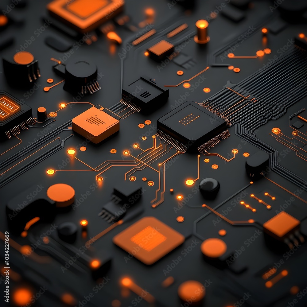 Poster streamlined and monochromatic digital backdrop with glowing circuit boards holographic overlays and 