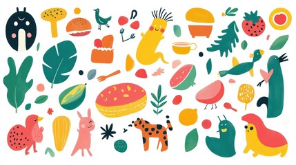 A vibrant vector set of colorful cartoon stickers featuring animals, food, and fun shapes on a crisp white background, perfect for kids' projects.