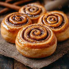 Fototapeta premium Freshly baked cinnamon rolls with glossy finish, arranged beautifully on rustic burlap surface. warm, inviting aroma and spiral design evoke sense of comfort and indulgence