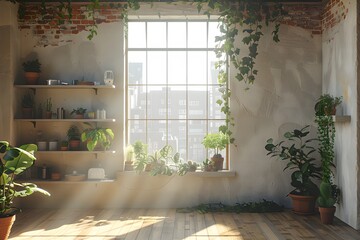 Sunlit Urban Loft with Lush Indoor Plants for Interior Design Inspiration