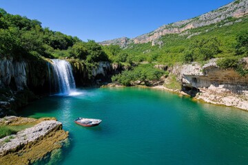 Fototapeta premium A hidden waterfall in the Tirana countryside, surrounded by lush greenery