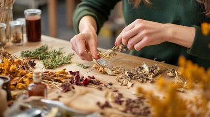 Crafting herbal remedies with dried flowers and herbs in a cozy workspace during the afternoon