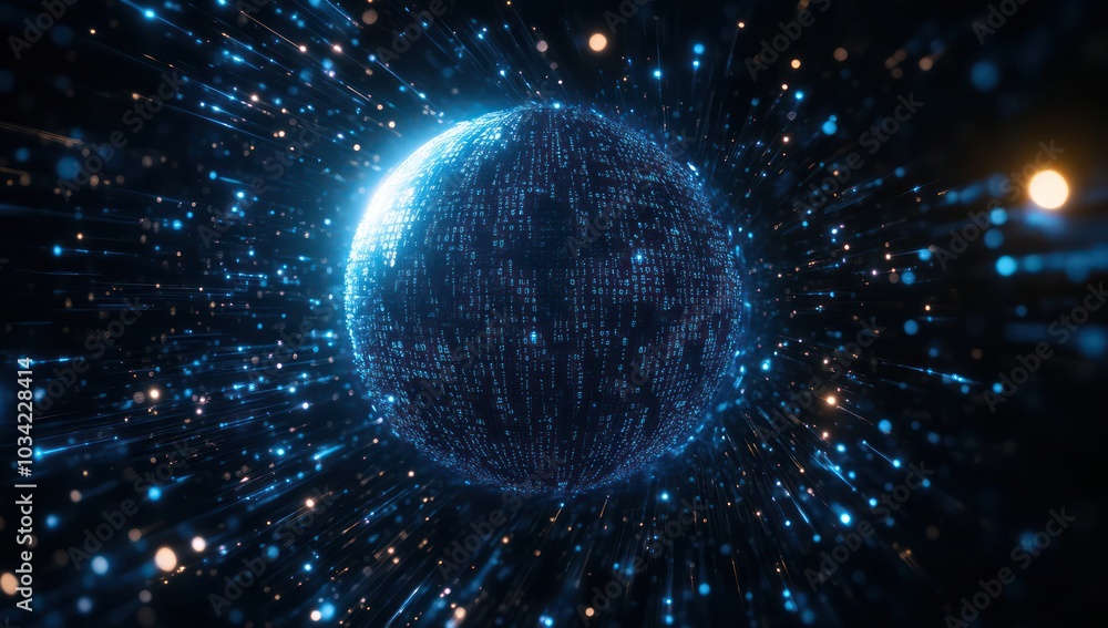 Poster futuristic digital sphere with glowing binary code light trails