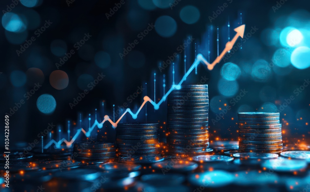 Poster growing stack of coins with financial graph and arrow