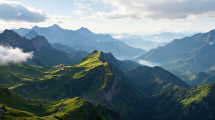 Fototapeta premium Stunning mountain landscape aerial view of majestic mountain scenery nature scene