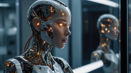 Fototapeta premium A humanoid female robot with a realistic, sleek design, showcasing a fusion of human traits and robotic elements. Her expression is calm, reflecting advanced technology