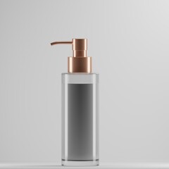 A clear glass soap dispenser with a rose gold pump is showcased against a neutral background. The minimalist design features an empty label, perfect for customization. The 3D rendering provides