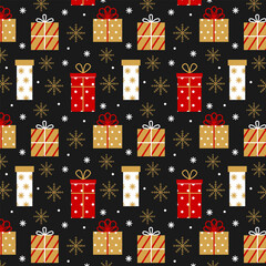Christmas gifts in beautiful boxes with ribbons. Festive winter dark background with Christmas and New Year presents. Seamless pattern with snowflakes, gifts for cards, wrapping, invitations, posters
