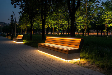 Illuminated benches in urban nighttime park