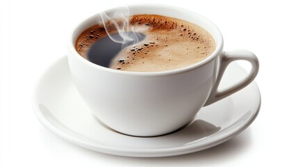 Close-up of a white cup of hot Americano coffee with visible steam, isolated on a white background for a fresh and warm vibe.