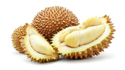 Fototapeta premium Close-up of durian fruit cut in half, showing the creamy yellow flesh and spiky exterior, isolated on a white background.