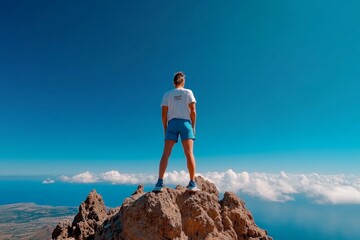 Obraz premium A person standing on the edge of a mountain, gazing into the vastness of space
