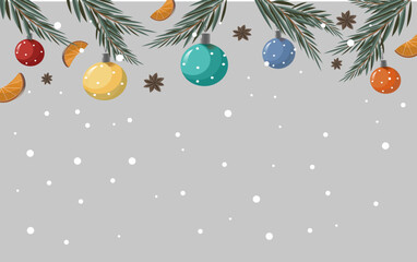 Christmas and New Year background with a lot of pine trees branches decorated christmas balls and toys.