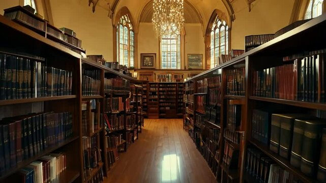 Camera gliding through an empty library featuring a high vaulted ceiling and an elegant chandelier