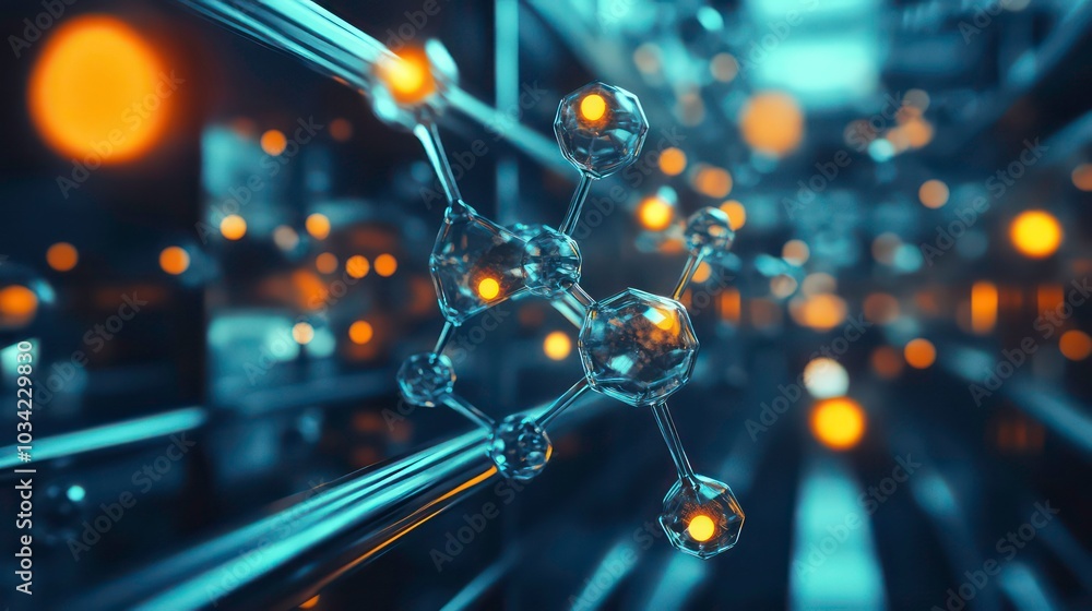 Poster abstract molecular structure with glowing orbs and lines, futuristic background.