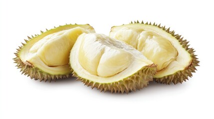 Durian fruit halves with visible segments of creamy yellow flesh on a white background, ideal for exotic fruit product images.