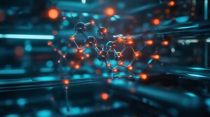 A 3D rendering of a molecule with glowing red atoms and blue-black bonds, set against a background of blurry blue and red lights.