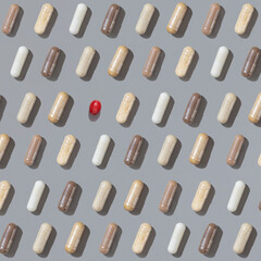Patern of beige medical capsules with one red on grey top view, hard shadows. Herbal dietary supplements