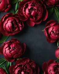 Dark red fresh peony flowers delicate background. Celebrating of spring and summer. Floral template.
Empty space for text.
