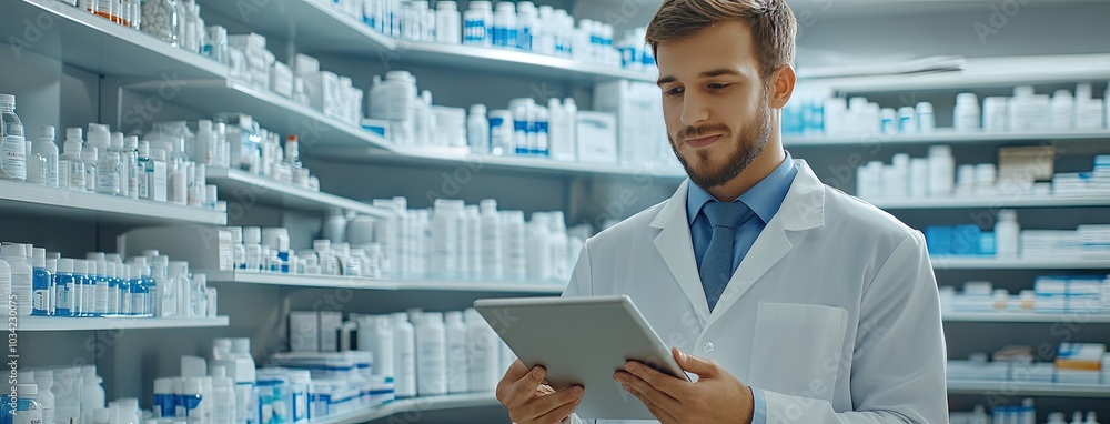Poster architect in a lab coat analyzing data on a tablet amidst rows of medicine bottles in a pharmaceutic
