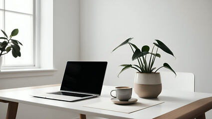 Fototapeta premium The room is bright, with white walls and a large window letting in natural light