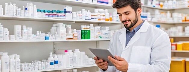 An architect in a lab coat thoughtfully examines his tablet amidst neatly arranged medicine bottles in a modern pharmacy setting