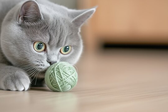 Playful Russian Blue cat pounces on a green ball of yarn on a wooden floor in soft natural light