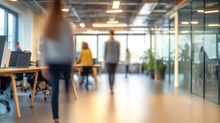 Blurry view of diverse professionals in a modern office setting, creating a dynamic atmosphere.