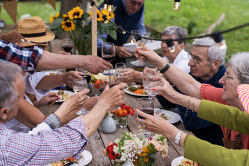 Cheerful seniors raising glasses at al fresco summer lunch gathering