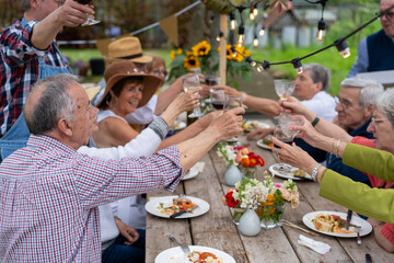 Senior friends toasting at outdoor dinner party in garden