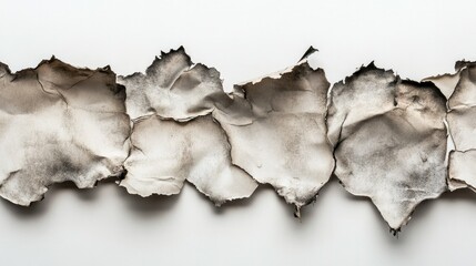 Obraz premium Scorched paper with uneven, crisp edges showing signs of fire damage, displayed against a bright white background. --ar 16:9 --v 6.1 Job ID: b3dc6cb8-2ba3-48b1-8627-6086346e4bec