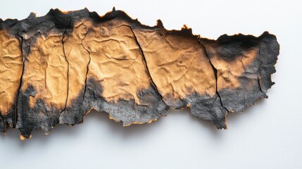 Fototapeta premium Scorched paper with uneven, crisp edges showing signs of fire damage, displayed against a bright white background. --ar 16:9 --v 6.1 Job ID: b3dc6cb8-2ba3-48b1-8627-6086346e4bec
