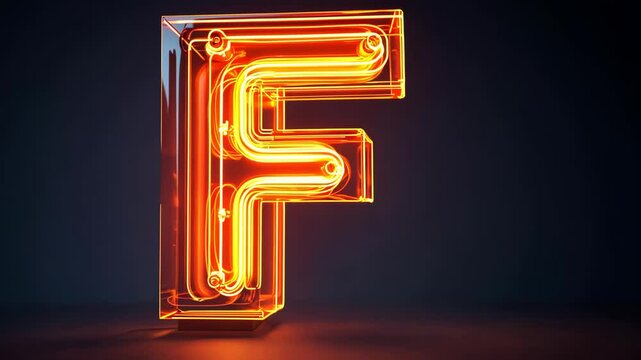 Glowing neon letter f illuminating in a dark studio environment