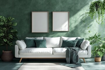 White sofa placed against a green wall with a framed artwork. Modern living room with Scandinavian interior design.