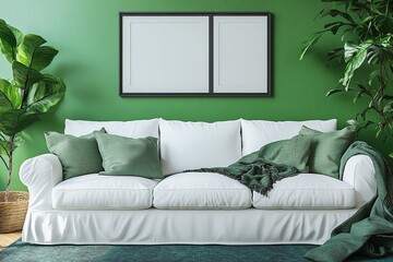 White sofa placed against a green wall with a framed artwork. Modern living room with Scandinavian interior design.