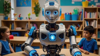 A teacher robot in a classroom engages students with interactive lessons, facilitating learning through technology and enhancing educational experiences