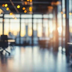 Blurry office interior with warm lighting and city skyline in the background during sunset.