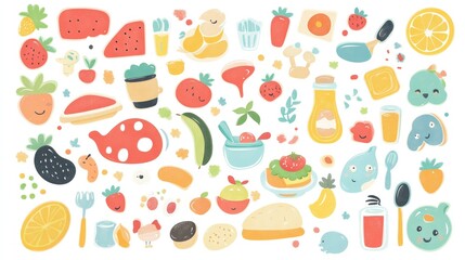 Vector set of colorful cartoon stickers featuring food items, animals, and fun objects on a white background, perfect for scrapbooking and decoration.