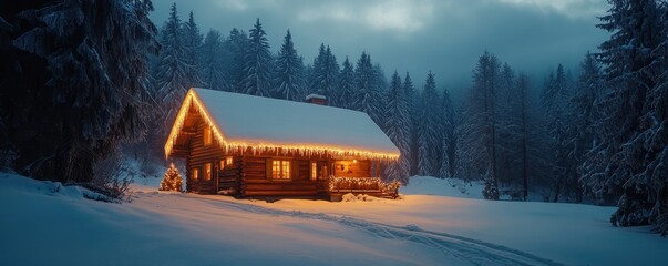 Snowy cabin in a forest with Christmas lights adorning the roof and pine trees