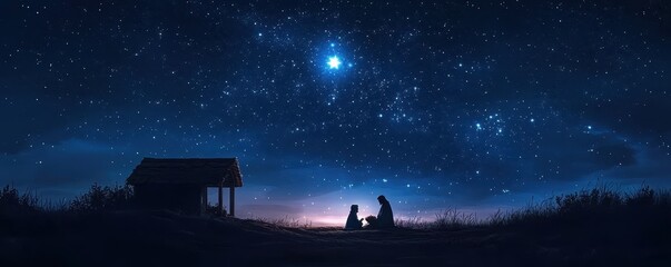 Nativity scene with baby Jesus, Mary, and Joseph under a bright Christmas star in the night sky