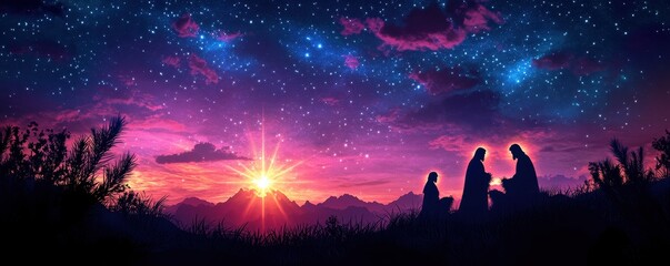 Fototapeta premium Nativity scene with baby Jesus, Mary, and Joseph under a bright Christmas star in the night sky