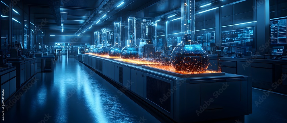 Poster streamlined and futuristic digital environment designed for showcasing advanced scientific instrumen