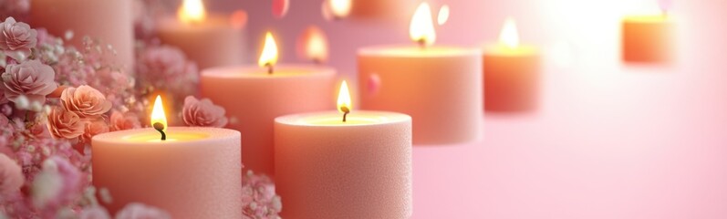 Candles are lit and surrounded by flowers on a pink background