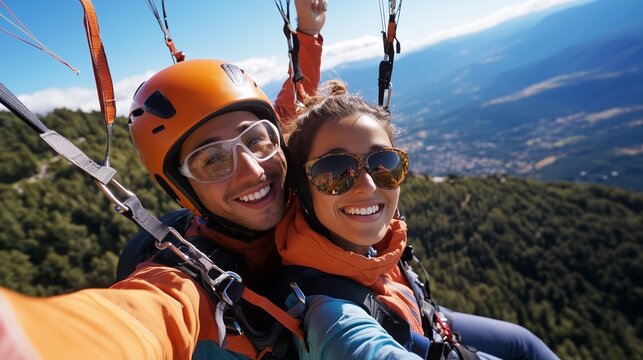Couple enjoys paragliding adventure above scenic mountains with bright blue sky on a sunny day