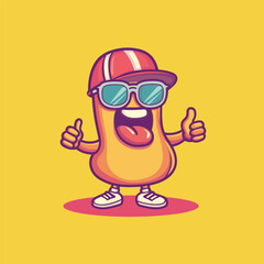 Trendy Hotdog Cartoon Icon with Glasses and Hat Vector Illustration