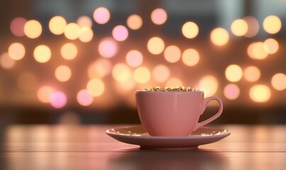 Obraz premium Pink teacup on saucer, bokeh lights.